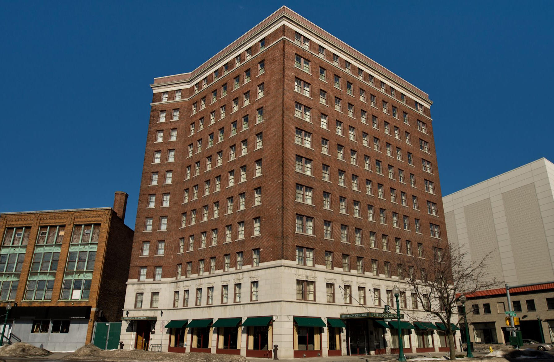 Exterior of Jefferson Clinton Hotel.